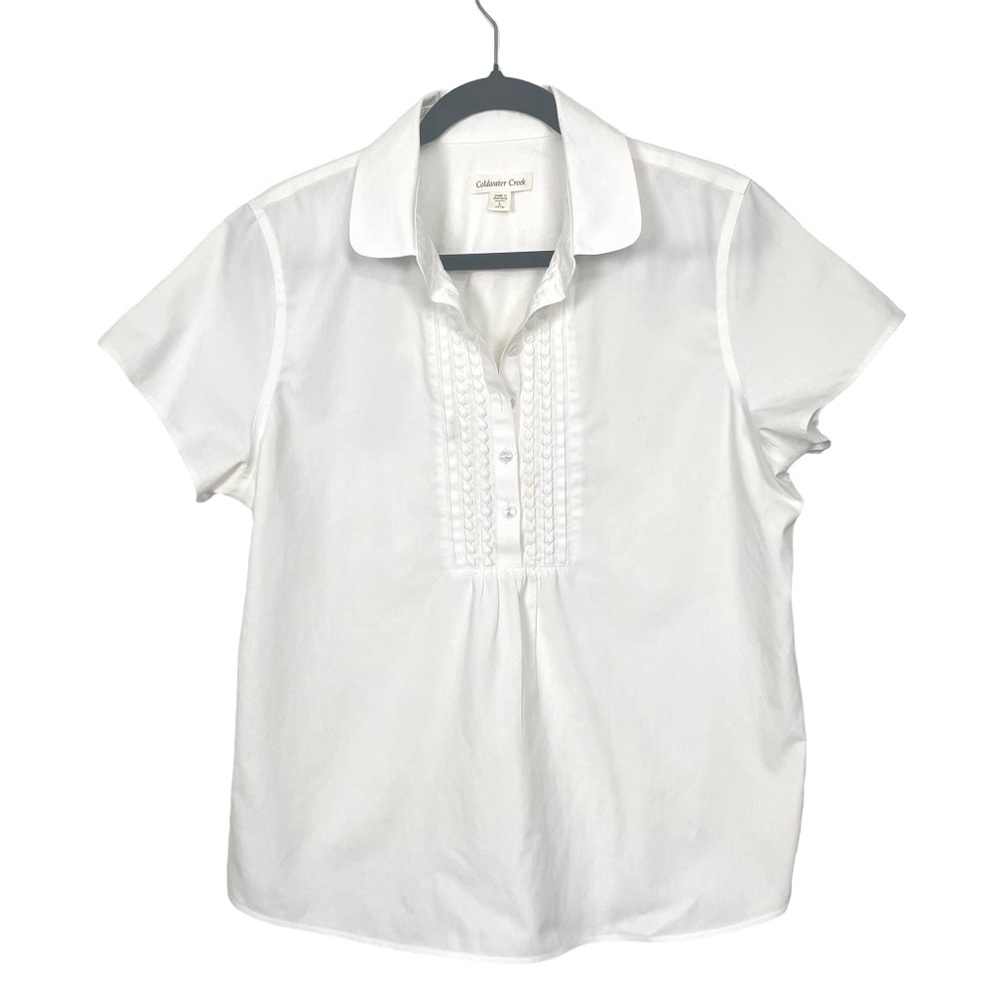 Coldwater Creek White Polo Collar Blouse with Pleated Front